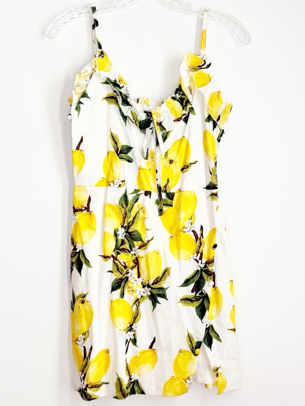 White Lemon Print Ruffled Neckline Sundress w/ Straps, Side Slit w/Button Detail